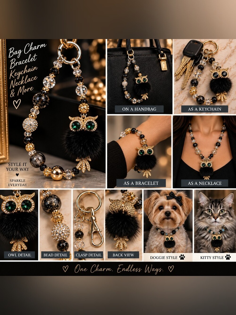 Black Gold Beaded Owl Purse Charm Keychain Rhinestone Pom-Pom